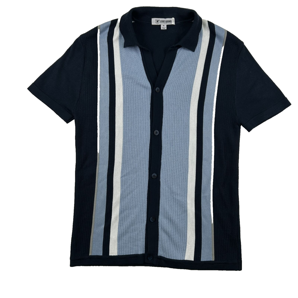 Stacy Adams Shirt Mens Medium Blue Striped Italian Knit Short Sleeve Button-Up